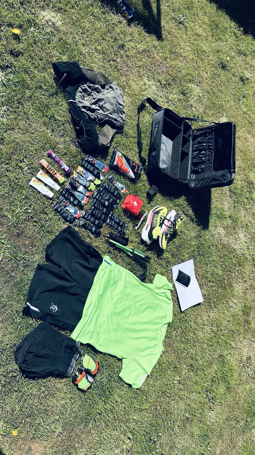 Full race kit laid out beside the VICI founder bag