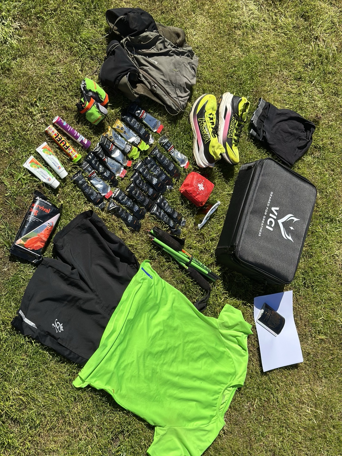 Race kit flat lay showing how much fits inside